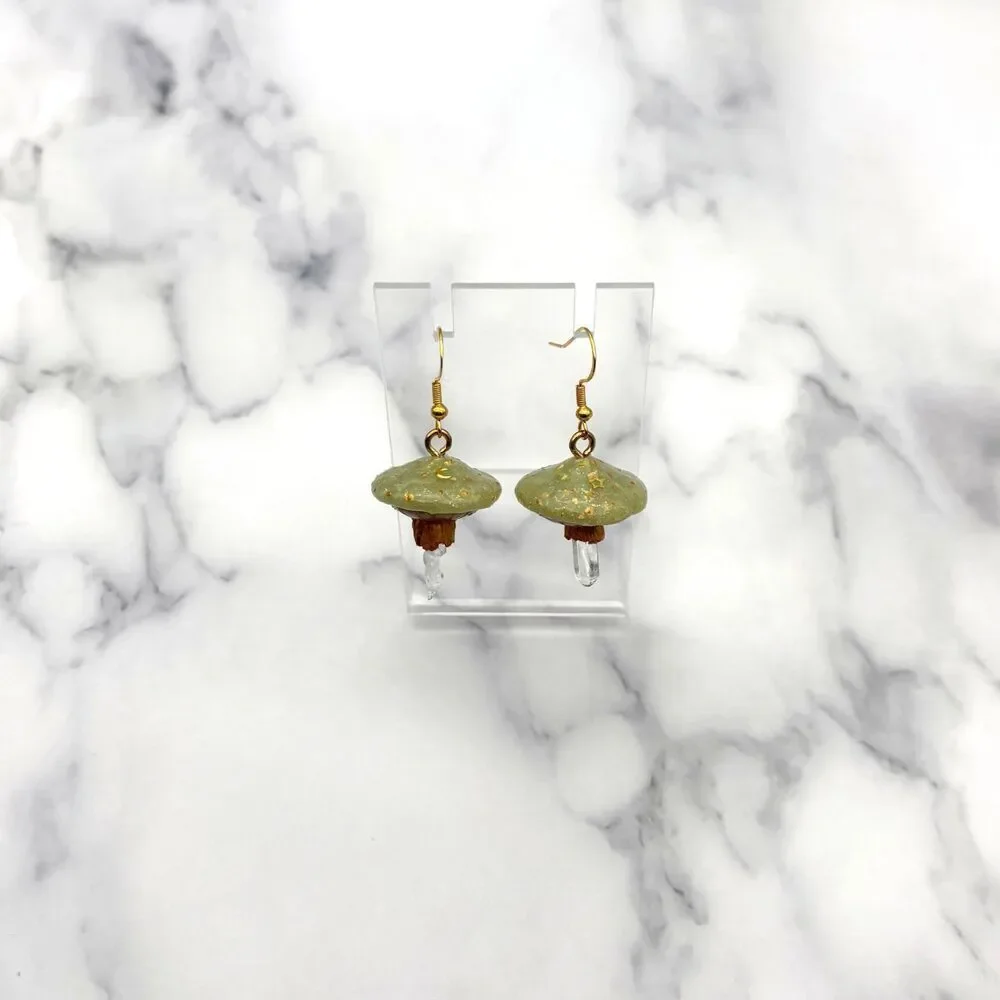 Green Mushroom Quartz Crystal Earrings | Polymer Clay Dangle with Moon and Star